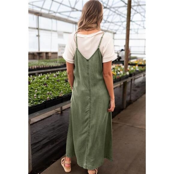 Women's Summer Spaghetti Strap Denim Dress Army Green - Picture 2 of 3